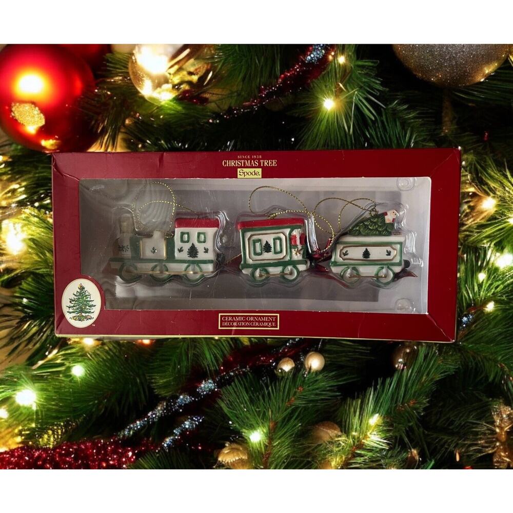 NIB Spode Christmas Tree 3 Piece Ornament Train Set Hanging Ornaments Ceramic